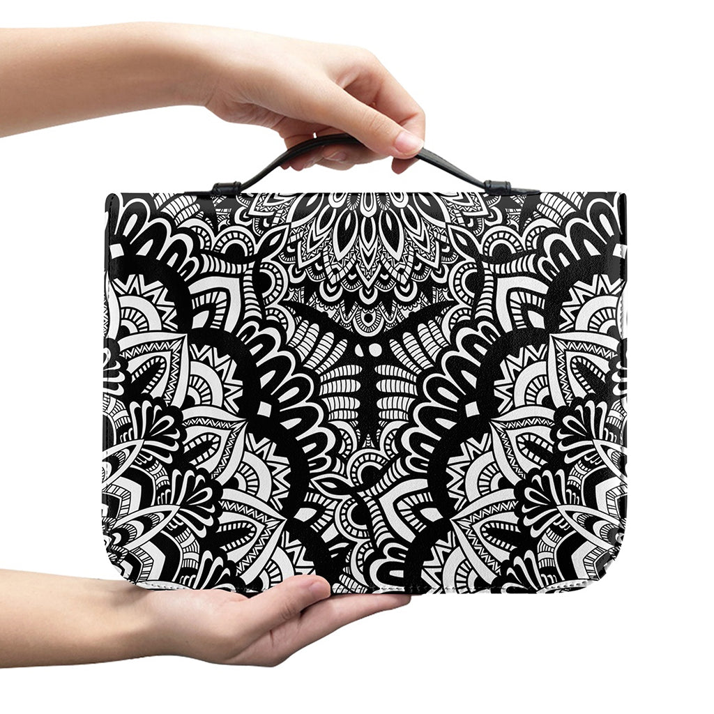 White And Black Mandala Print Leather Bible Cover