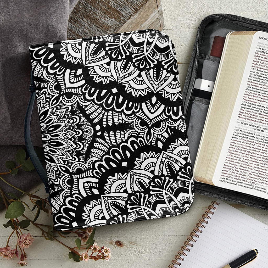 White And Black Mandala Print Leather Bible Cover