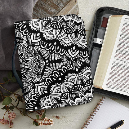 White And Black Mandala Print Leather Bible Cover
