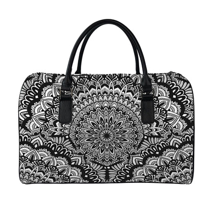 White And Black Mandala Print Leather Duffle Bag