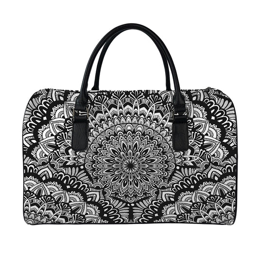 White And Black Mandala Print Leather Duffle Bag