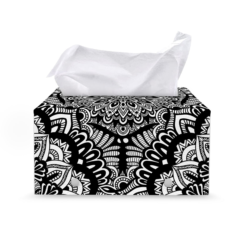 White And Black Mandala Print Leather Tissue Box Cover