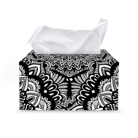 White And Black Mandala Print Leather Tissue Box Cover