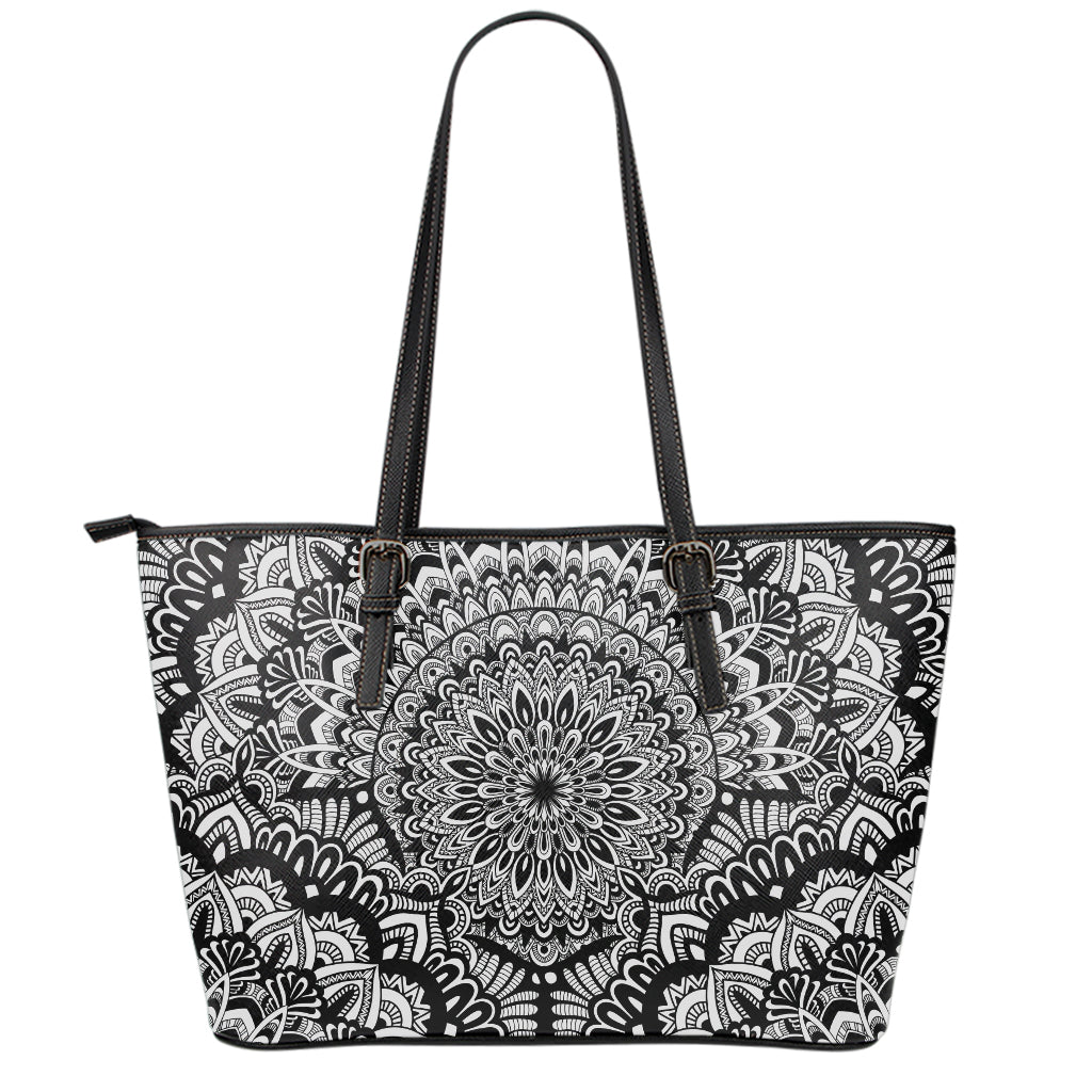 White And Black Mandala Print Leather Tote Bag