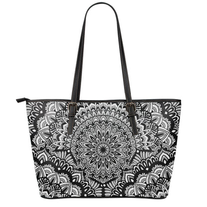 White And Black Mandala Print Leather Tote Bag