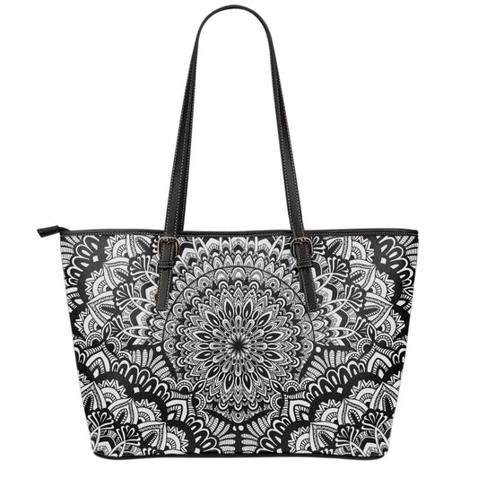 White And Black Mandala Print Leather Tote Bag