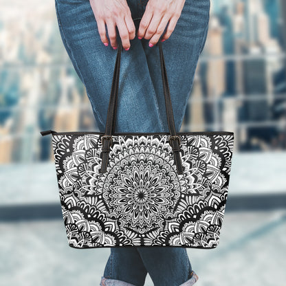 White And Black Mandala Print Leather Tote Bag