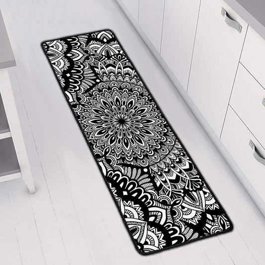 White And Black Mandala Print Long Kitchen Mat