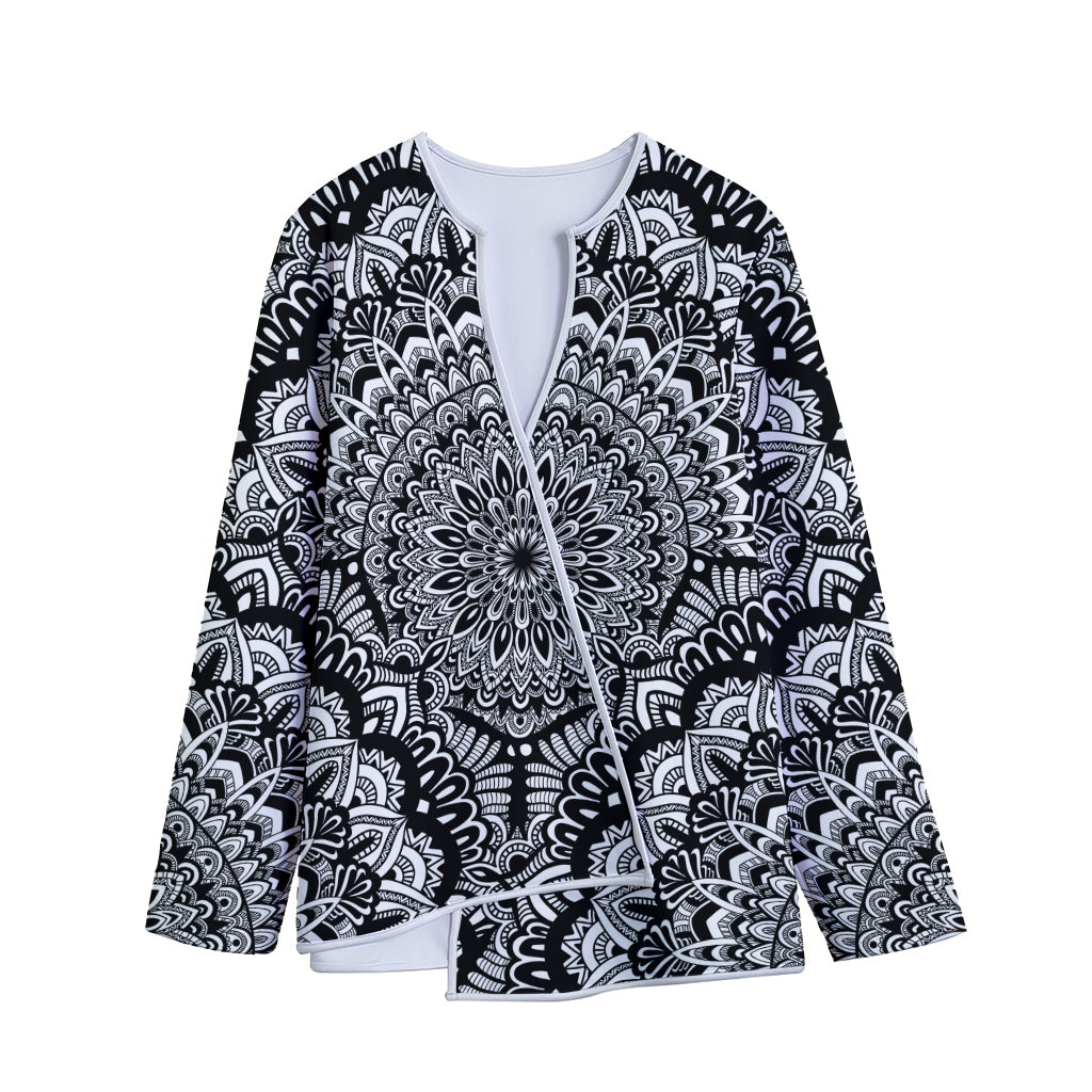 White And Black Mandala Print Long Sleeve Short Coat