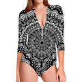 White And Black Mandala Print Long Sleeve Swimsuit