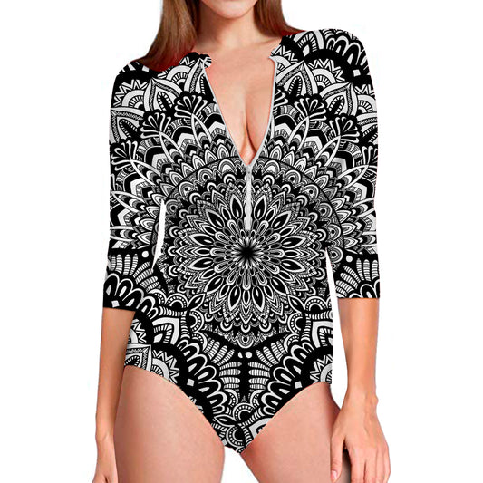 White And Black Mandala Print Long Sleeve Swimsuit