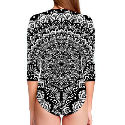 White And Black Mandala Print Long Sleeve Swimsuit