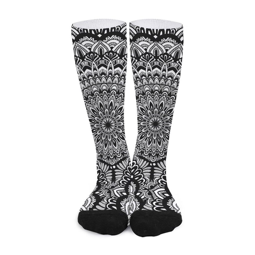 White And Black Mandala Print Long Socks