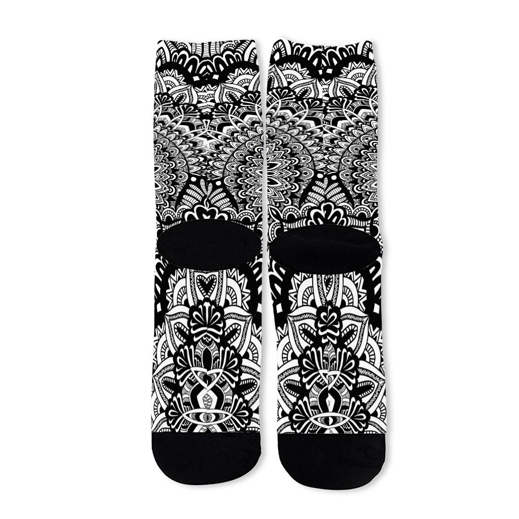 White And Black Mandala Print Long Socks