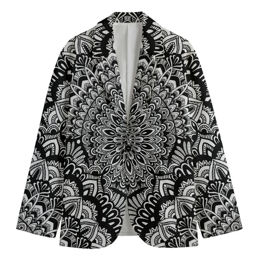 White And Black Mandala Print Men's Cotton Blazer