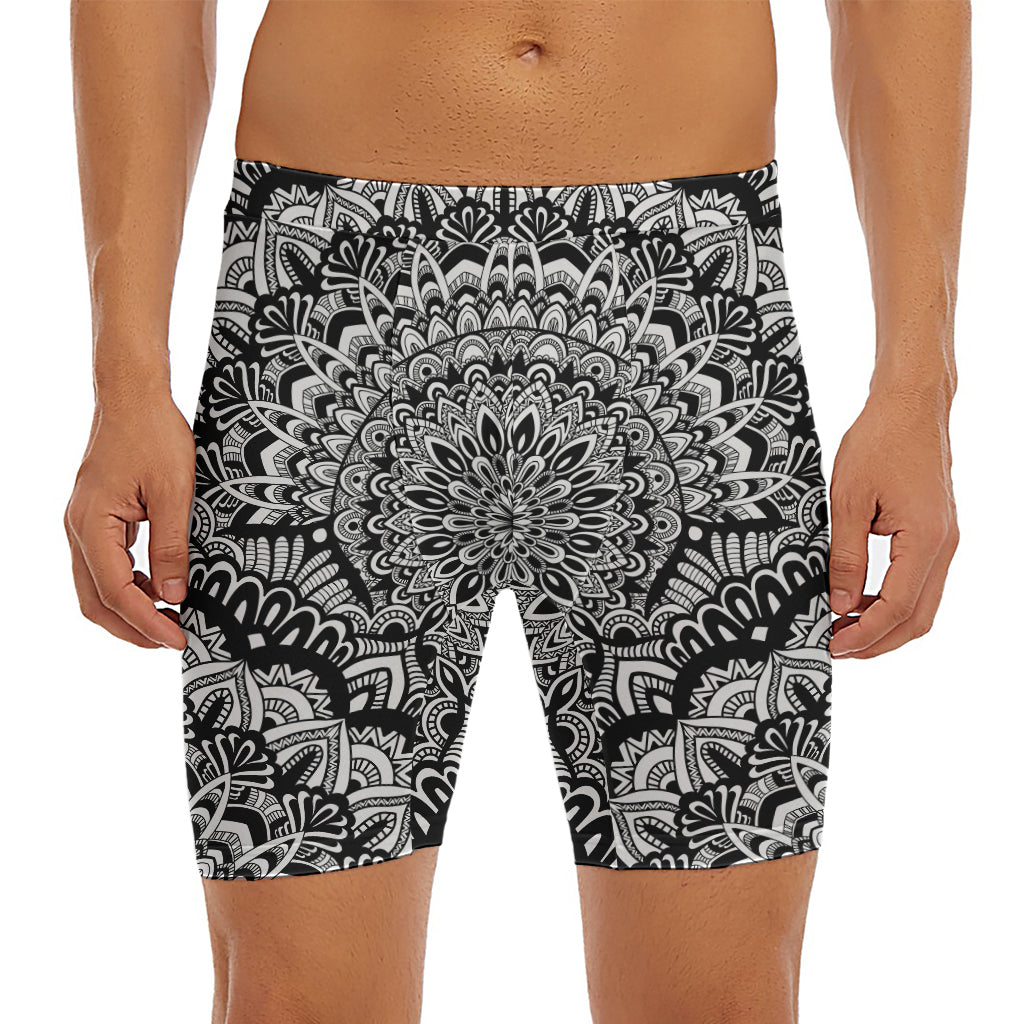 White And Black Mandala Print Men's Long Boxer Briefs