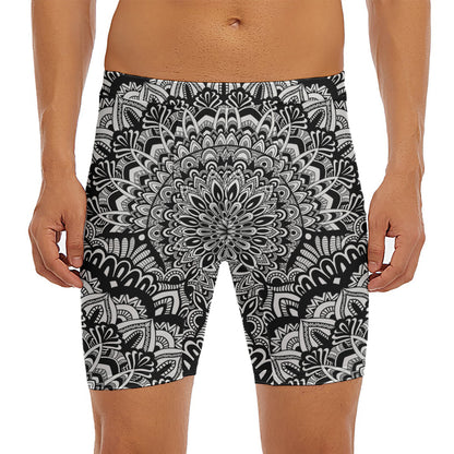 White And Black Mandala Print Men's Long Boxer Briefs