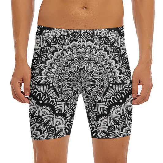 White And Black Mandala Print Men's Long Boxer Briefs