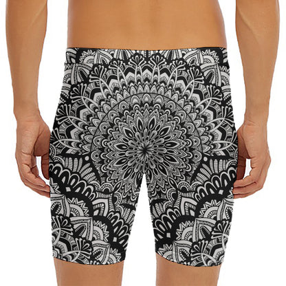 White And Black Mandala Print Men's Long Boxer Briefs