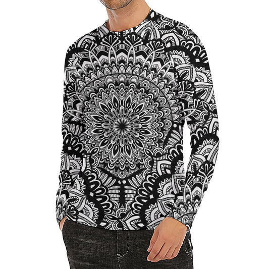 White And Black Mandala Print Men's Long Sleeve Rash Guard