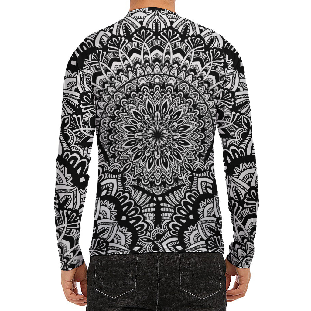 White And Black Mandala Print Men's Long Sleeve Rash Guard