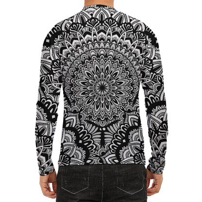 White And Black Mandala Print Men's Long Sleeve Rash Guard