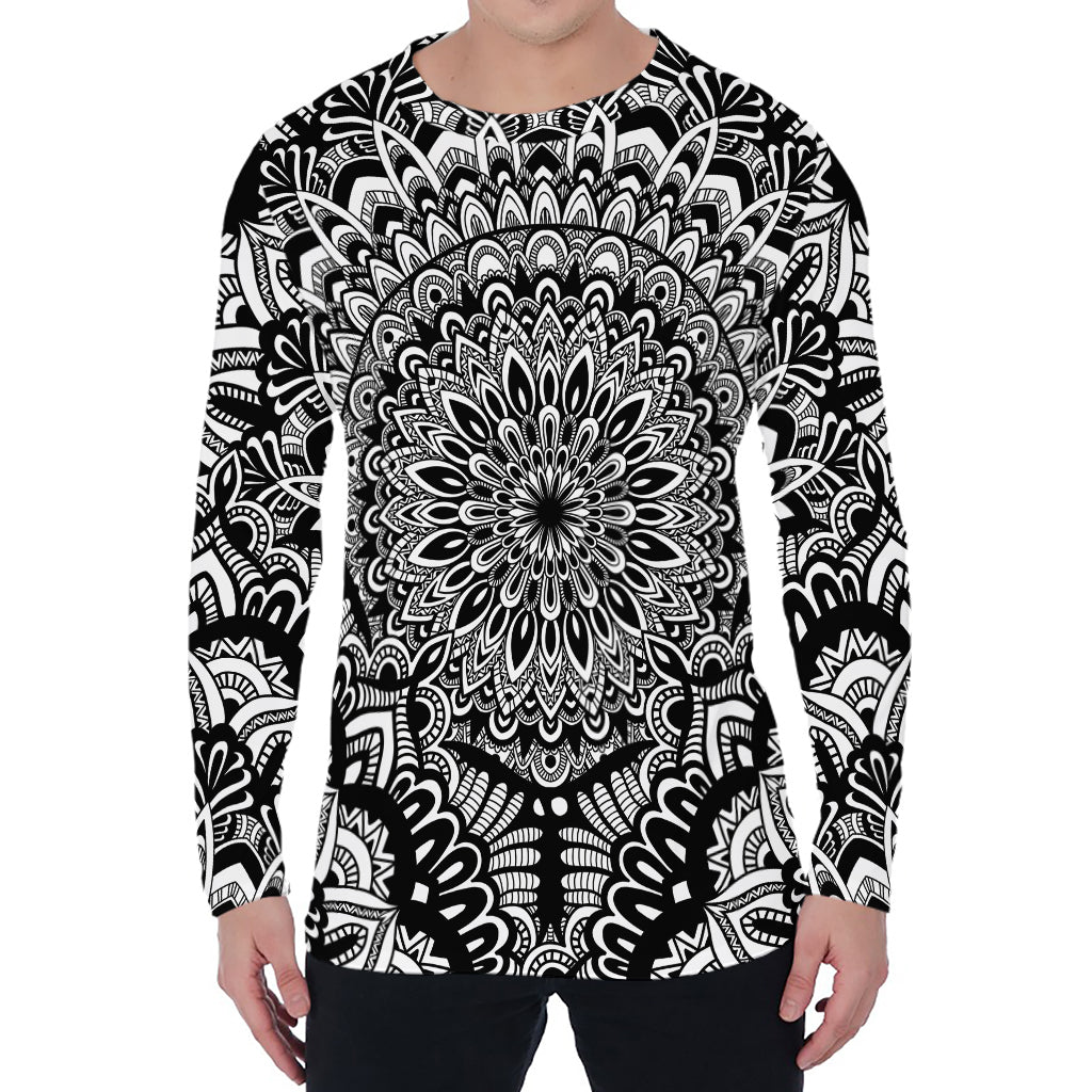 White And Black Mandala Print Men's Long Sleeve T-Shirt