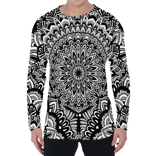 White And Black Mandala Print Men's Long Sleeve T-Shirt