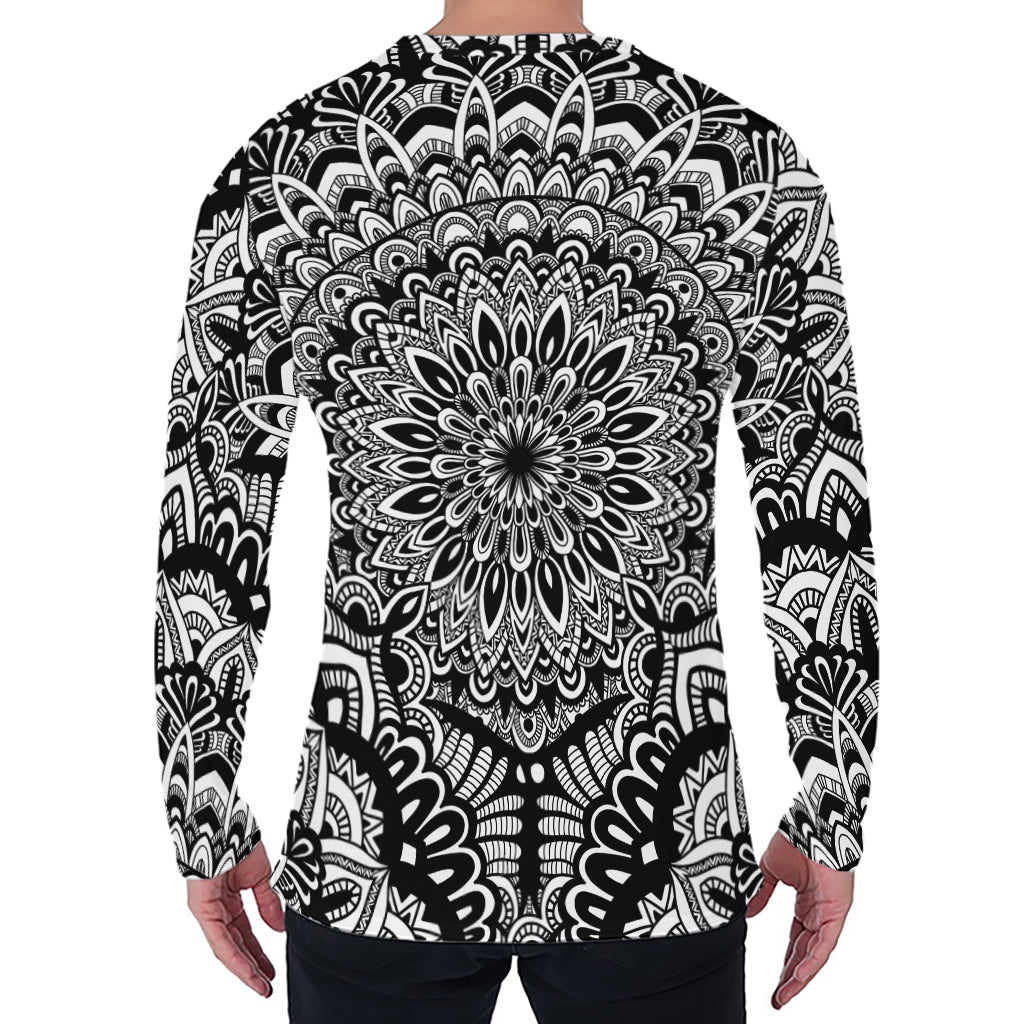 White And Black Mandala Print Men's Long Sleeve T-Shirt