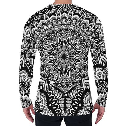 White And Black Mandala Print Men's Long Sleeve T-Shirt