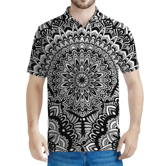 White And Black Mandala Print Men's Polo Shirt