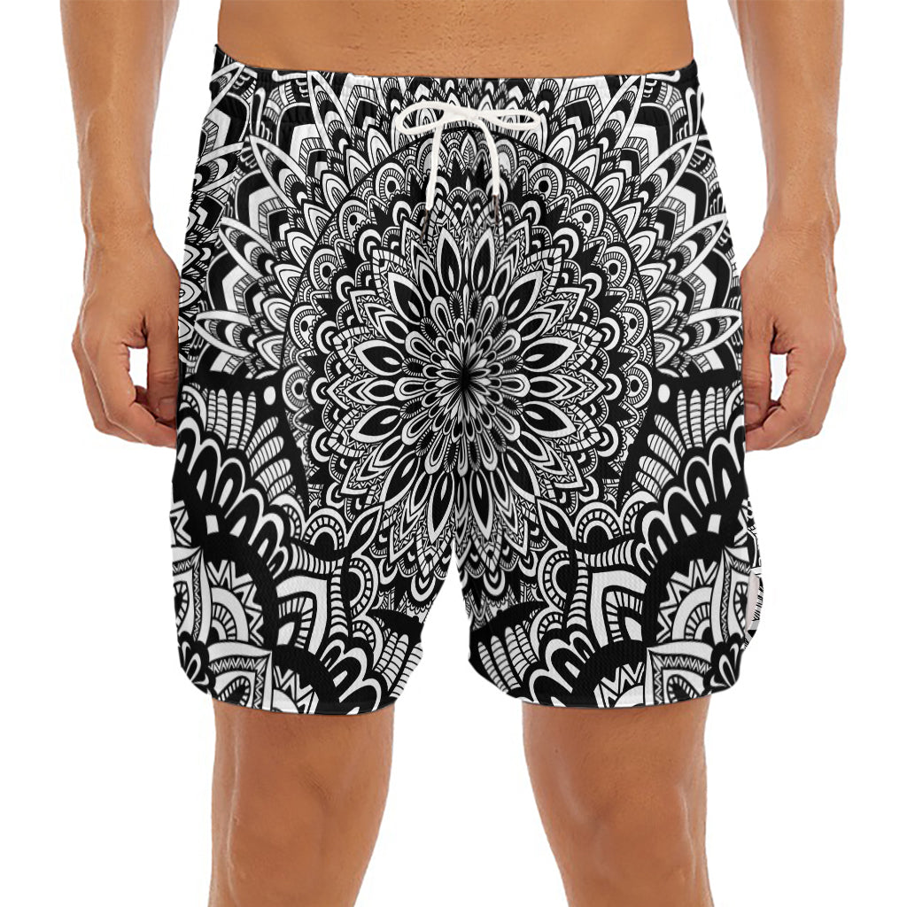 White And Black Mandala Print Men's Split Running Shorts