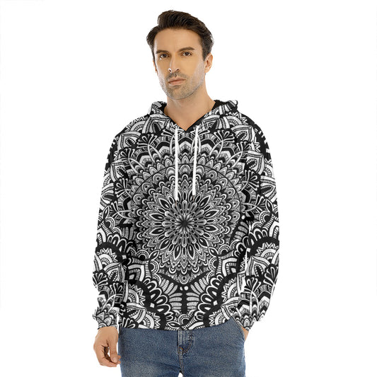 White And Black Mandala Print Men's Velvet Pullover Hoodie