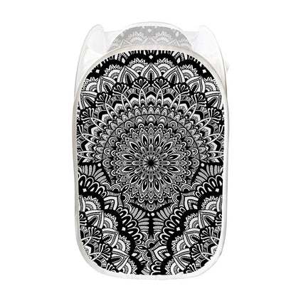 White And Black Mandala Print Mesh Laundry Hamper