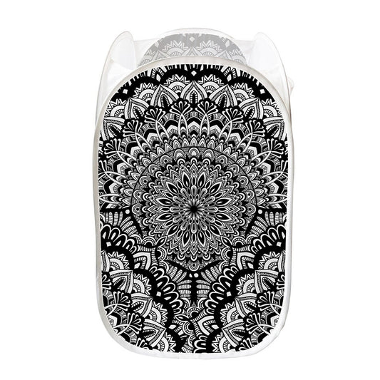 White And Black Mandala Print Mesh Laundry Hamper