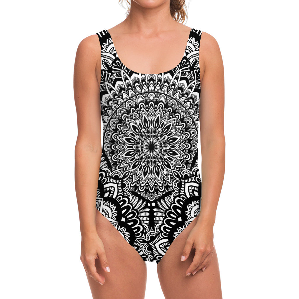 White And Black Mandala Print One Piece Swimsuit