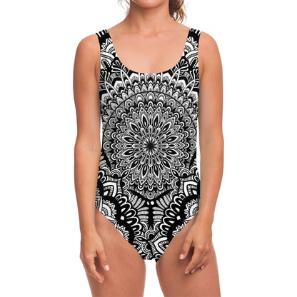 White And Black Mandala Print One Piece Swimsuit