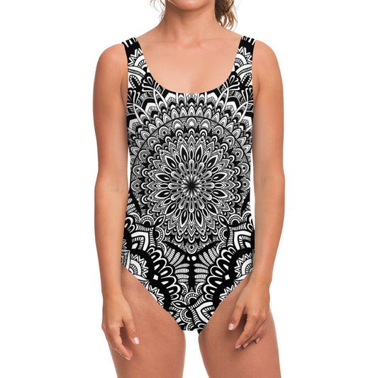 White And Black Mandala Print One Piece Swimsuit