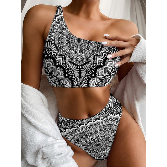 White And Black Mandala Print One Shoulder Bikini Top