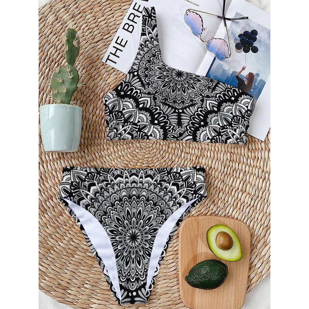 White And Black Mandala Print One Shoulder Bikini Top