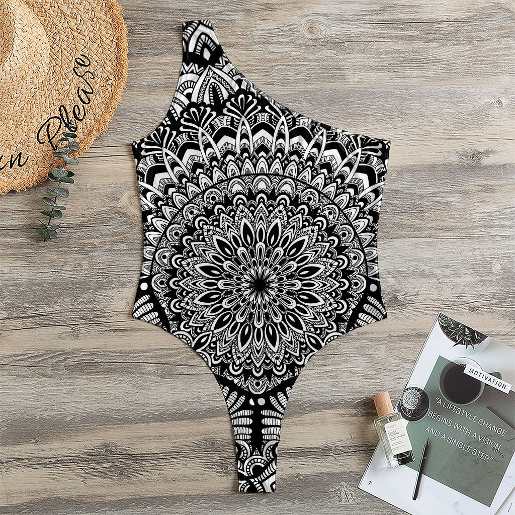 White And Black Mandala Print One Shoulder Bodysuit