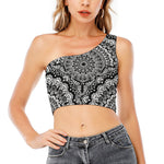 White And Black Mandala Print One Shoulder Crop Top