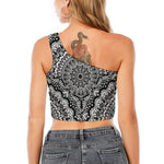 White And Black Mandala Print One Shoulder Crop Top