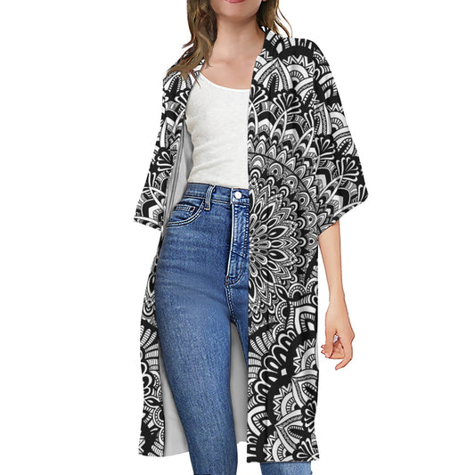 White And Black Mandala Print Open Front Beach Cover Up