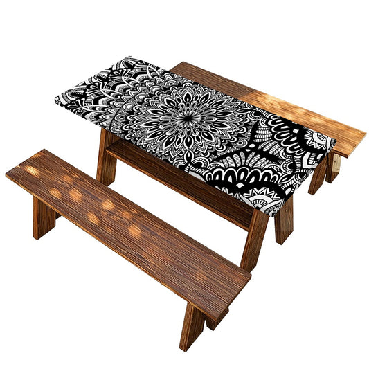 White And Black Mandala Print Picnic Table Cover
