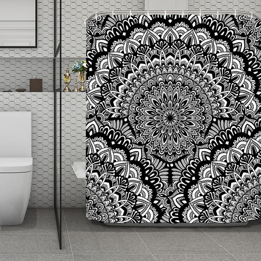 White And Black Mandala Print Polyester Shower Curtain