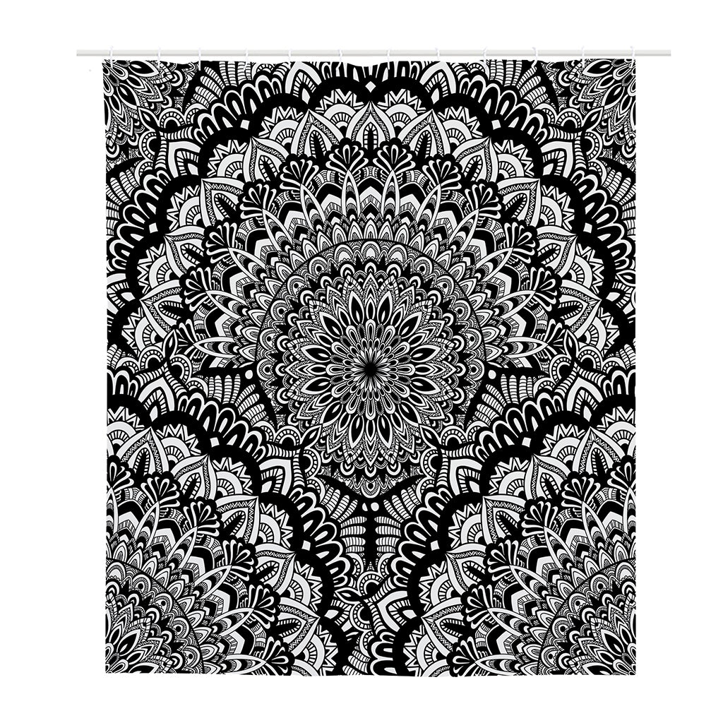 White And Black Mandala Print Polyester Shower Curtain