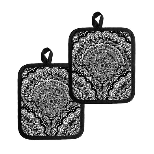 White And Black Mandala Print Pot Holders