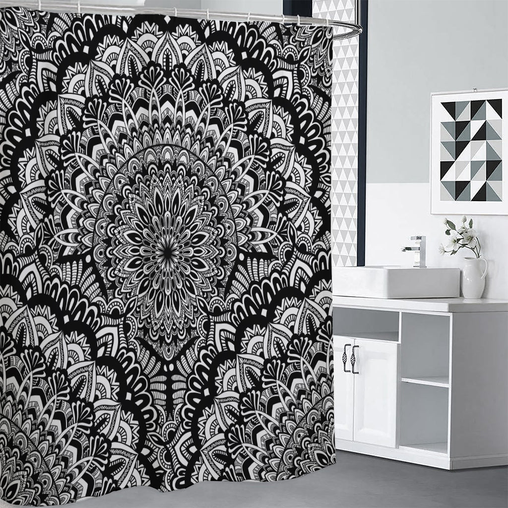 White And Black Mandala Print Premium Shower Curtain