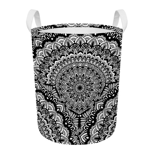 White And Black Mandala Print Round Laundry Basket